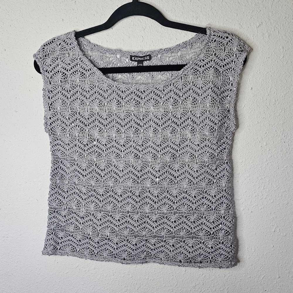 Express Crochet Vest Popover Womens XS‎ Sleeveless Open Knit Sequin Sparkle Boxy